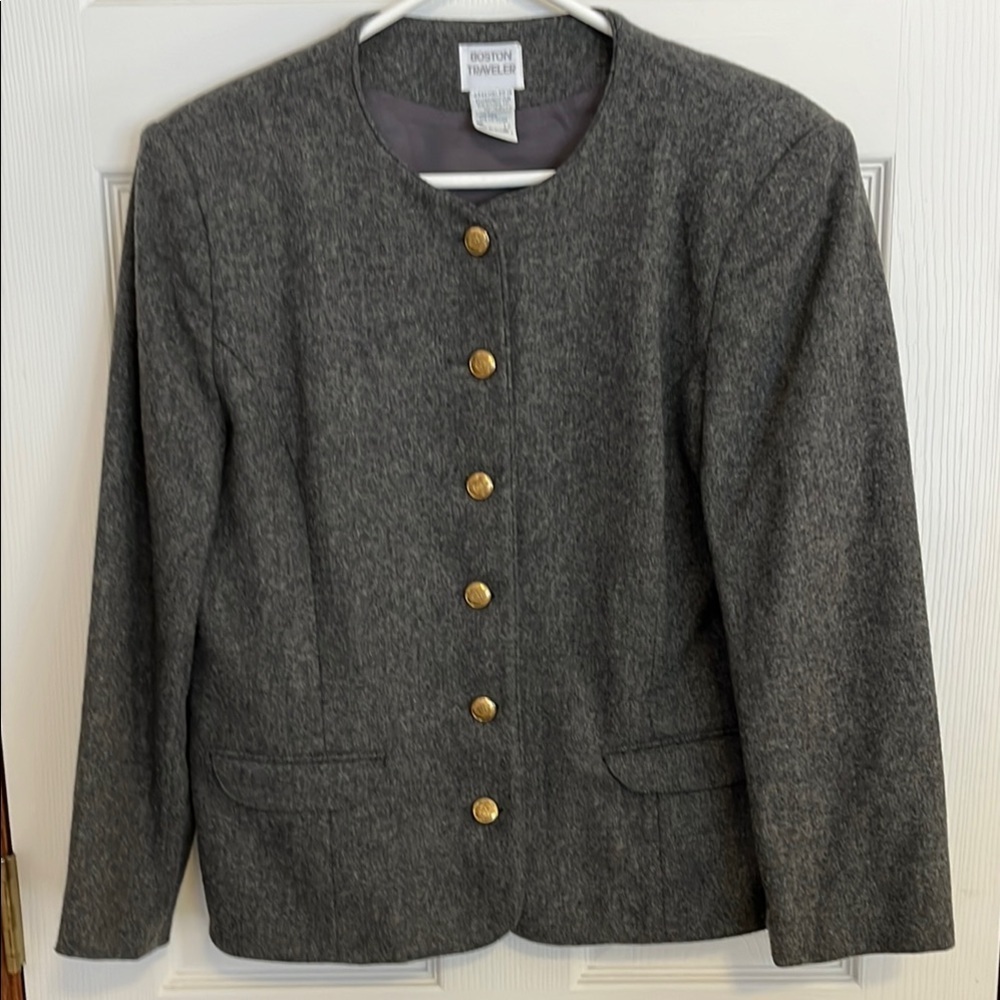 Boston Traveler Vintage Gray Wool Blend Lapel-Less Blazer Jacket Gold Buttons